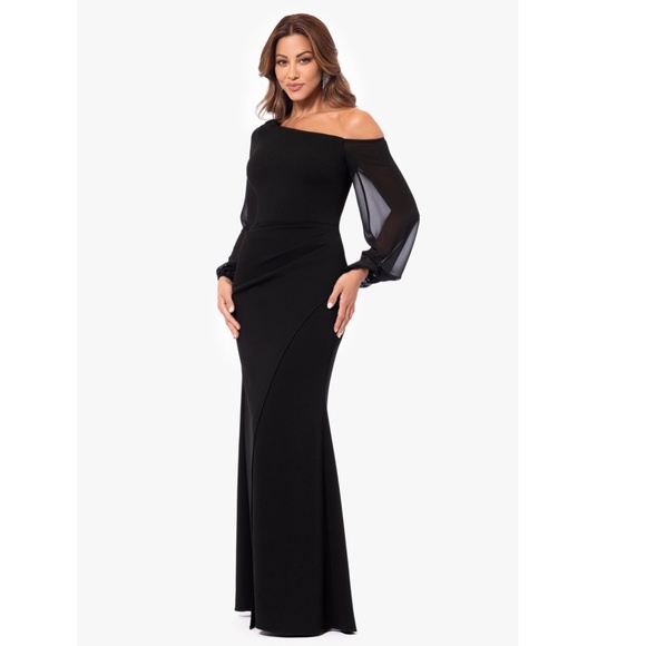 NEW Betsy & Adam BLACK Plus Size DONNA Off The Shoulder ILLUSION SLEEVE GOWN 20W - Picture 10 of 13